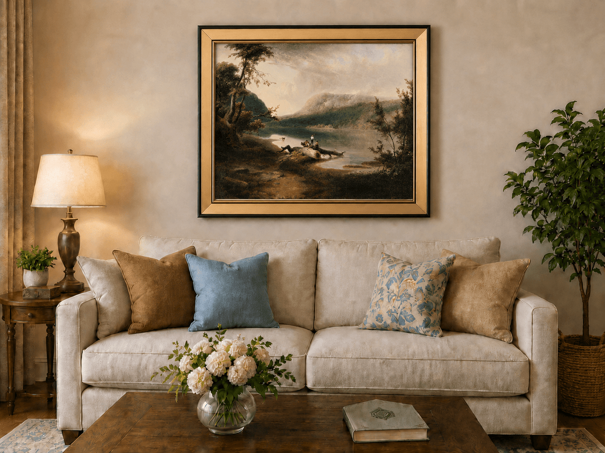 Peinture à l'huile de paysage - Lac, personnages sur la rive et bois lointain