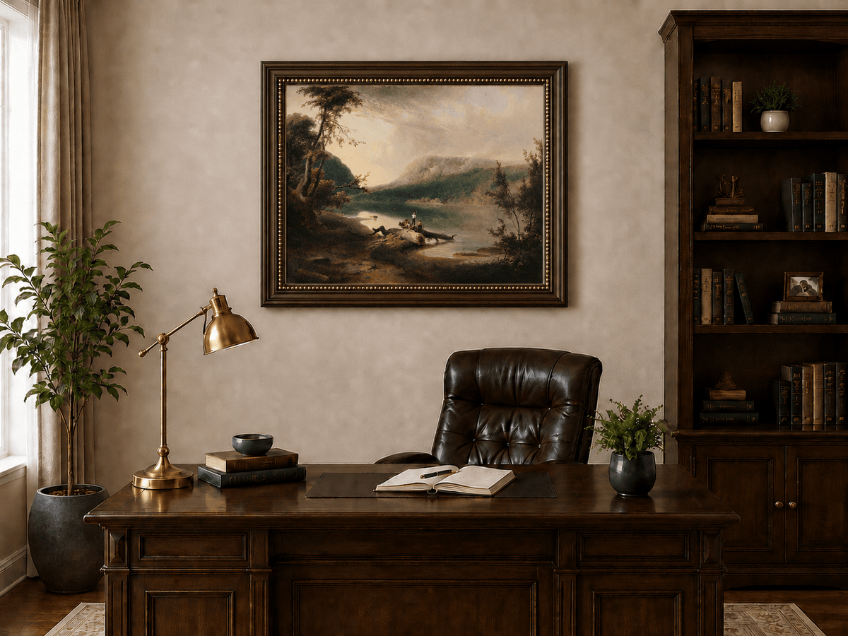 Peinture à l'huile de paysage - Lac, personnages sur la rive et bois lointain