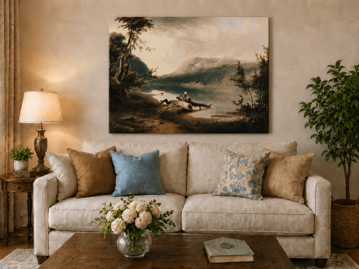 Peinture à l'huile de paysage - Lac, personnages sur la rive et bois lointain