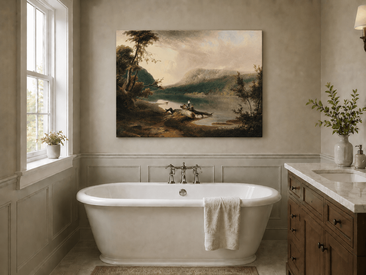 Peinture à l'huile de paysage - Lac, personnages sur la rive et bois lointain
