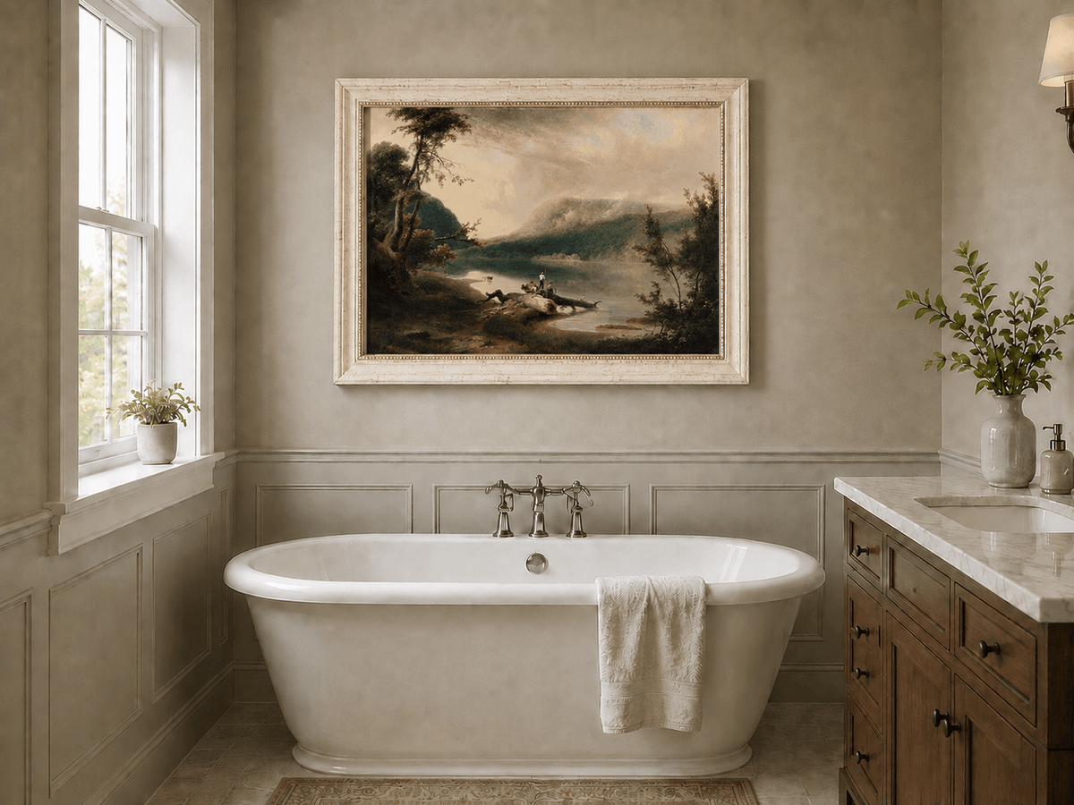 Peinture à l'huile de paysage - Lac, personnages sur la rive et bois lointain