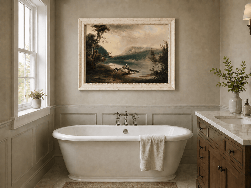 Peinture à l'huile de paysage - Lac, personnages sur la rive et bois lointain