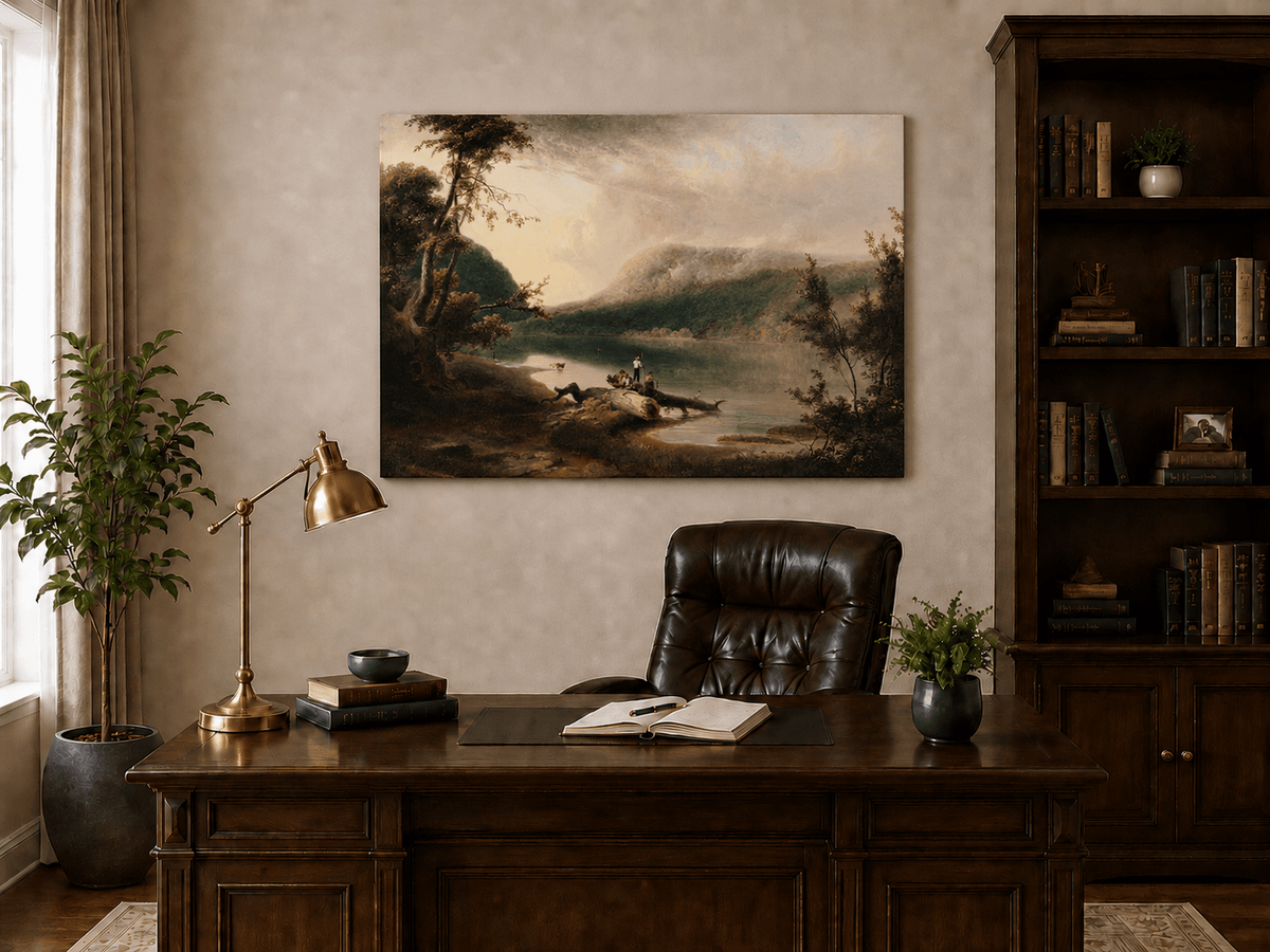 Peinture à l'huile de paysage - Lac, personnages sur la rive et bois lointain