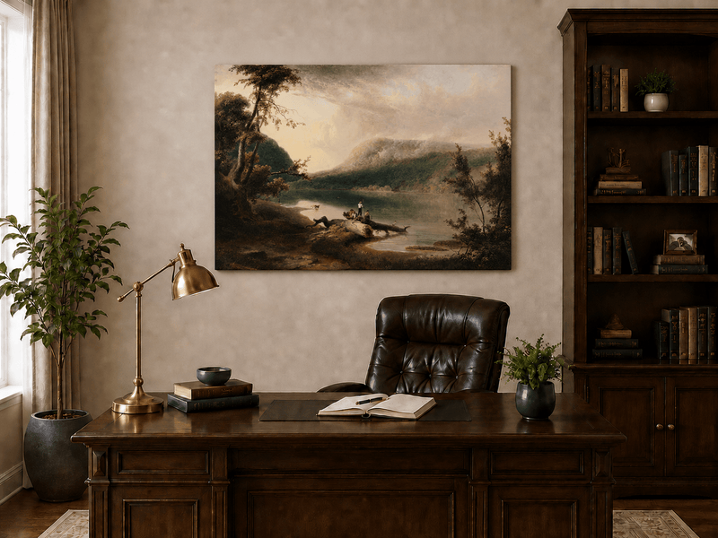 Peinture à l'huile de paysage - Lac, personnages sur la rive et bois lointain