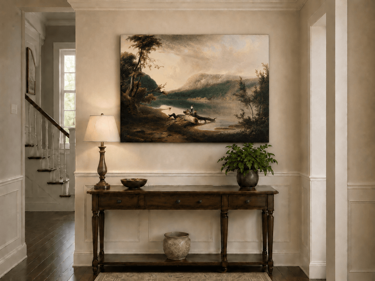 Peinture à l'huile de paysage - Lac, personnages sur la rive et bois lointain