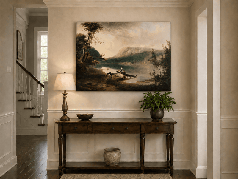 Peinture à l'huile de paysage - Lac, personnages sur la rive et bois lointain