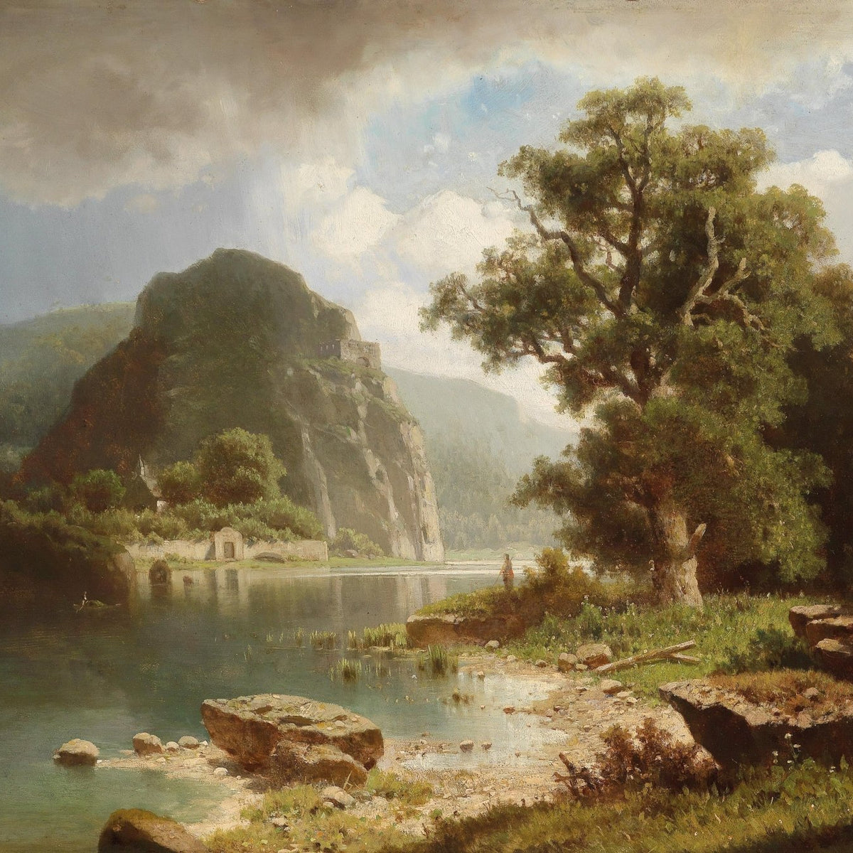 Landscape Oil Painting - Lake shore rocky peak & ancient structure - Oil Painting Haven