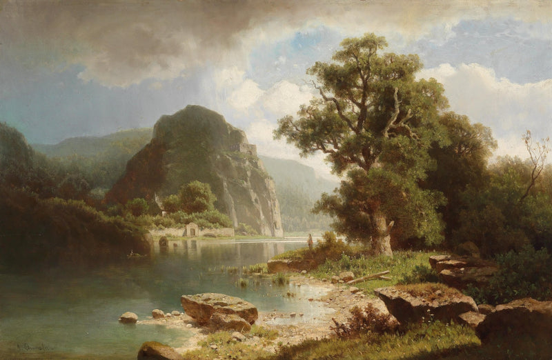 Landscape Oil Painting - Lake shore rocky peak & ancient structure - Oil Painting Haven