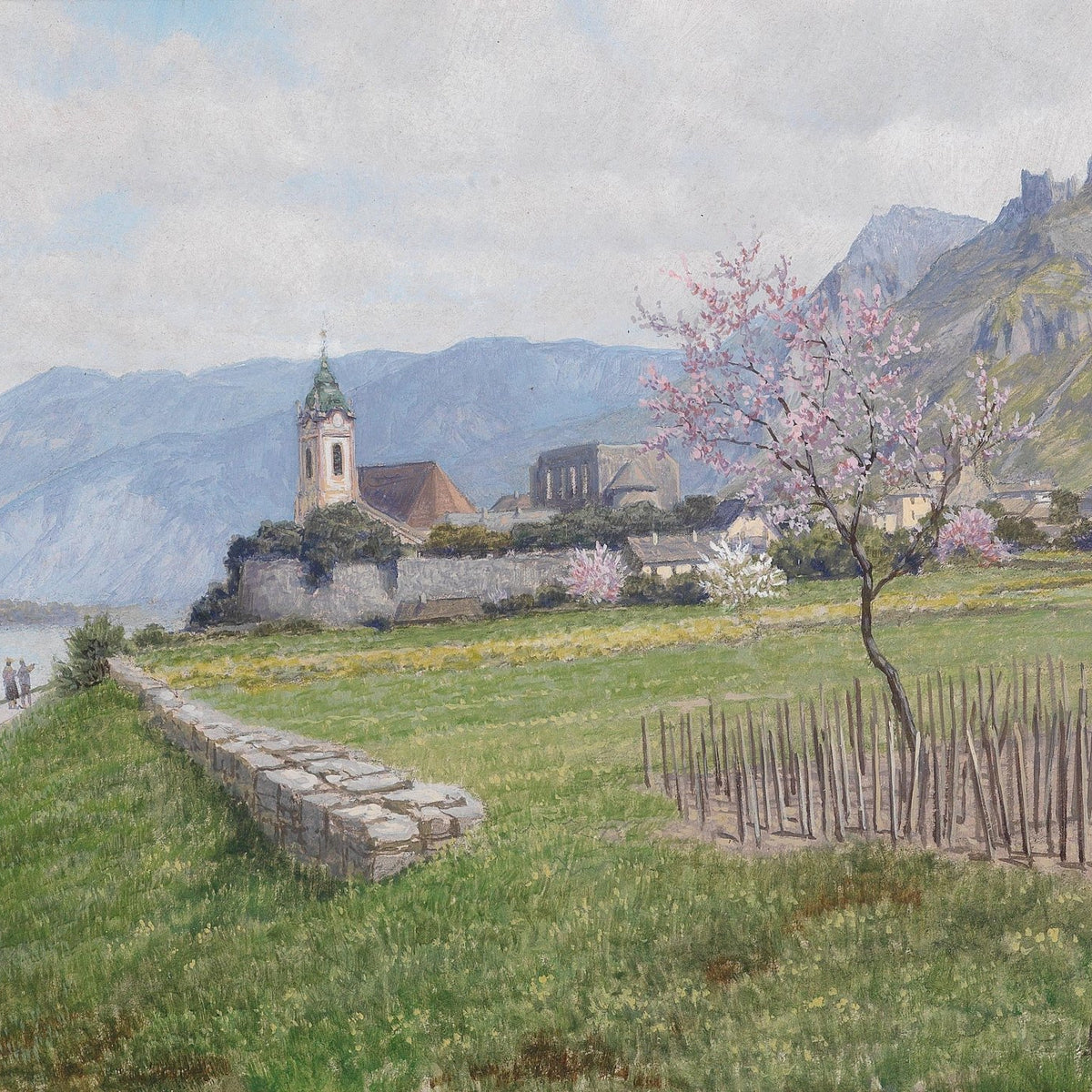 Landscape Oil Painting - Lake Shore Village, Blossom Tree & Church - Oil Painting Haven