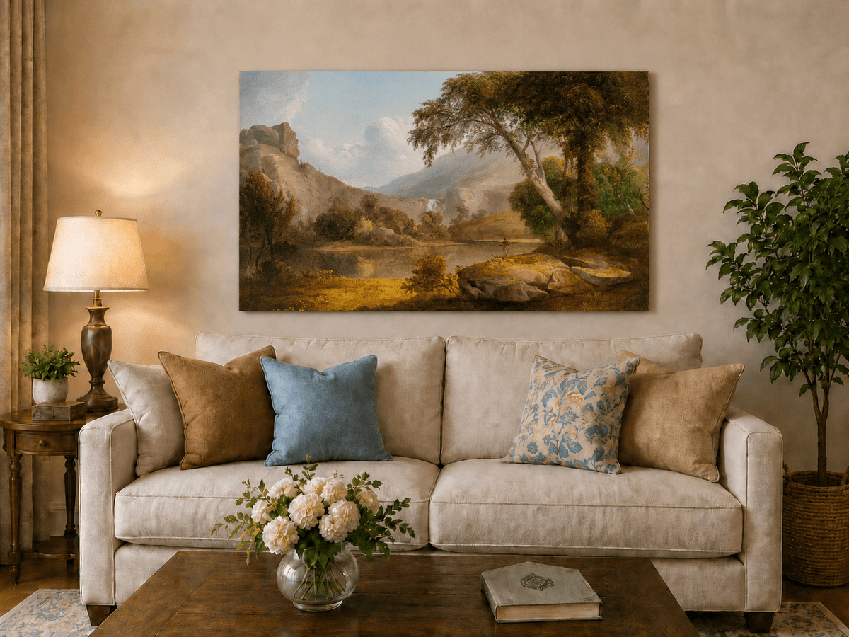 Landscape Oil Painting - Lake, Trees, Mountain Waterfall & Figure