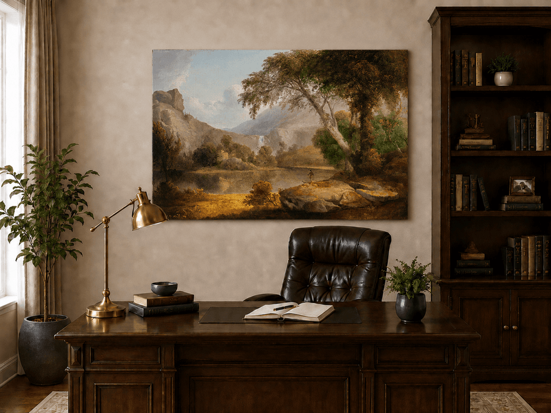 Landscape Oil Painting - Lake, Trees, Mountain Waterfall & Figure