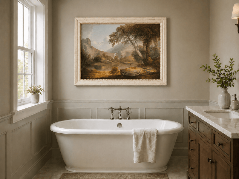 Landscape Oil Painting - Lake, Trees, Mountain Waterfall & Figure