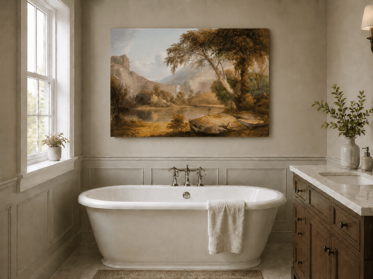 Landscape Oil Painting - Lake, Trees, Mountain Waterfall & Figure