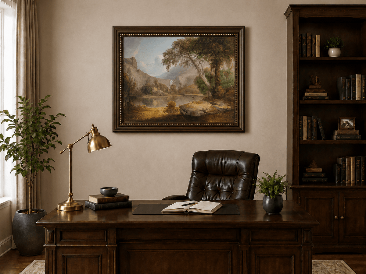 Landscape Oil Painting - Lake, Trees, Mountain Waterfall & Figure