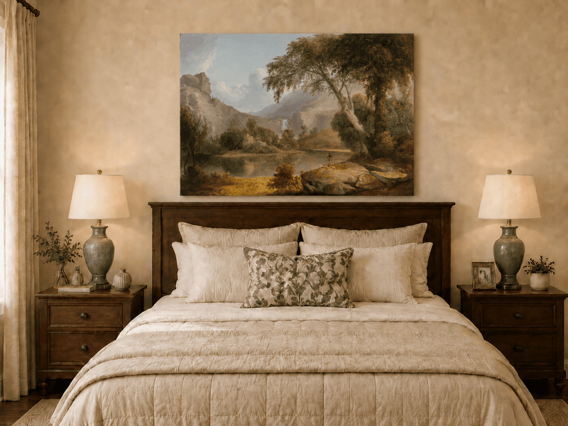 Landscape Oil Painting - Lake, Trees, Mountain Waterfall & Figure
