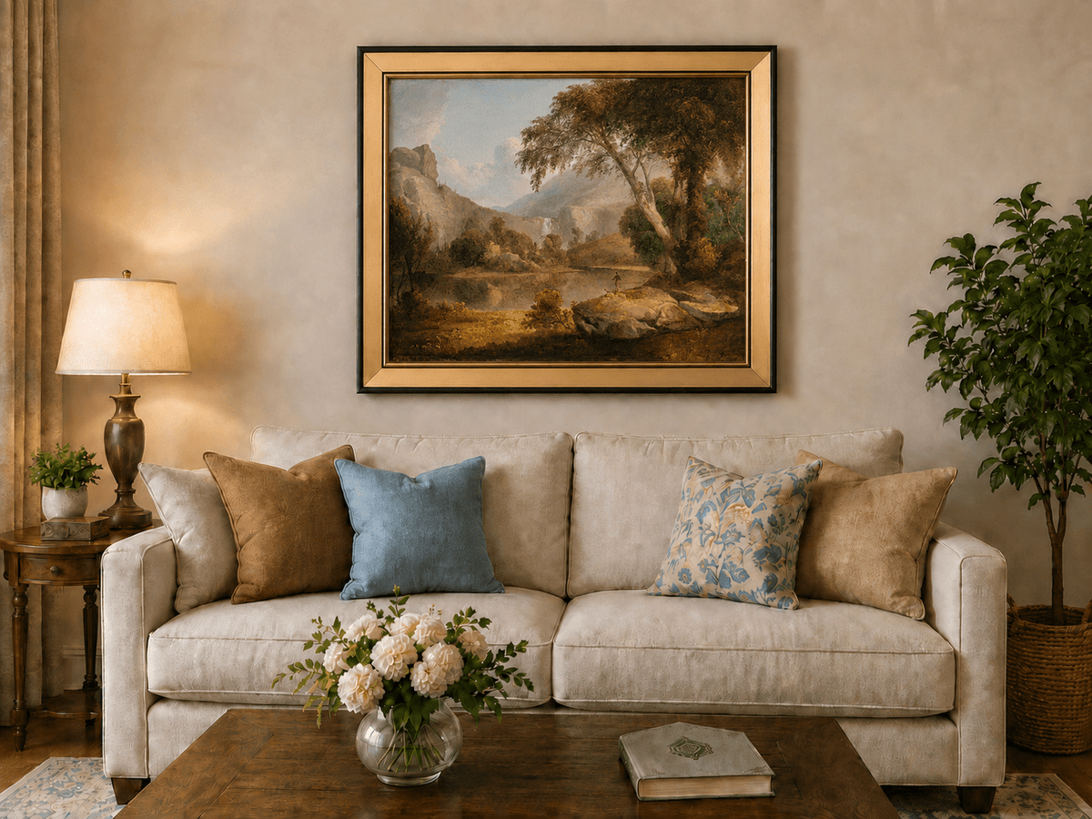 Landscape Oil Painting - Lake, Trees, Mountain Waterfall & Figure