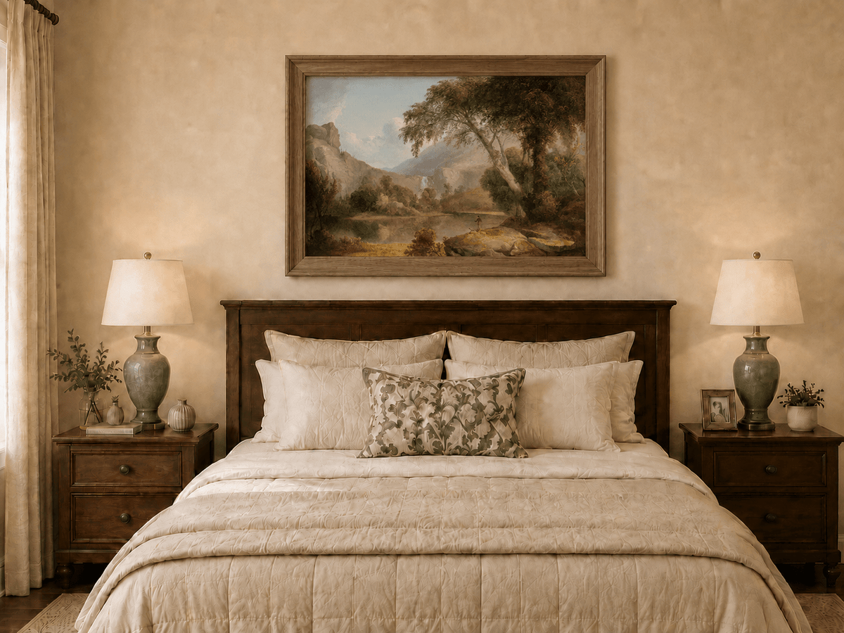 Landscape Oil Painting - Lake, Trees, Mountain Waterfall & Figure