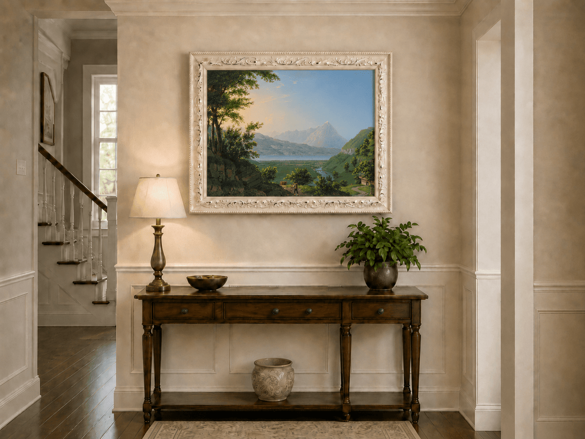 Landscape Oil Painting - Lake Valley and Mountain Village View