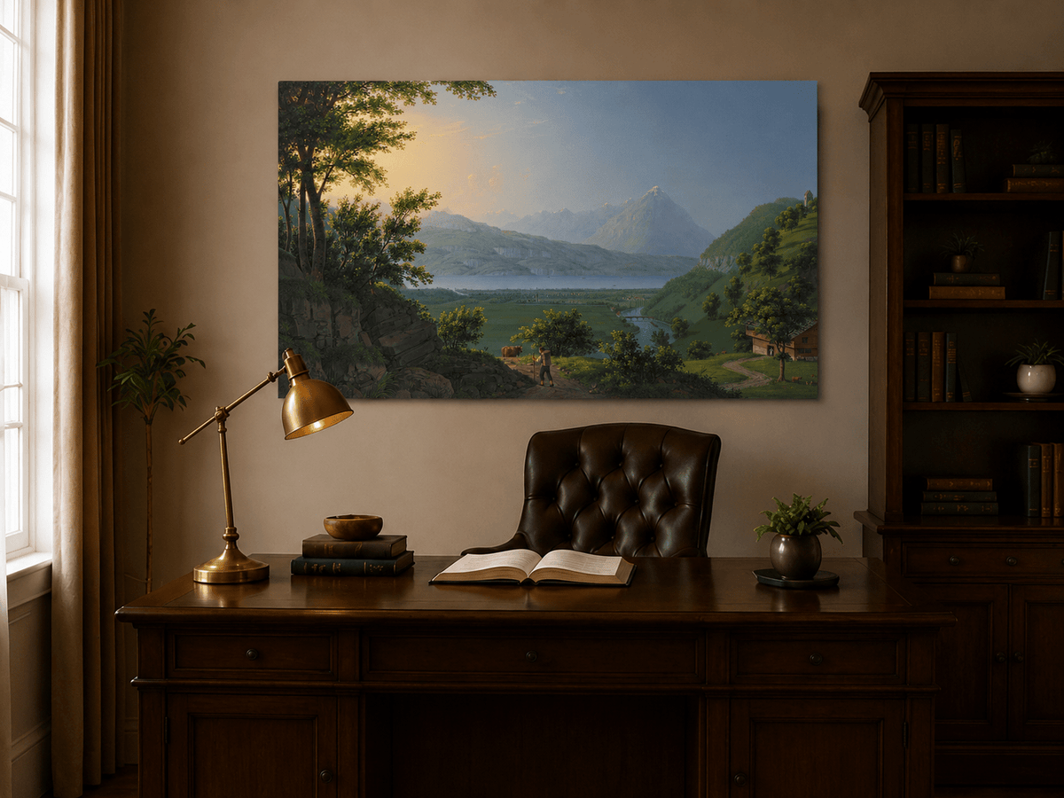Landscape Oil Painting - Lake Valley and Mountain Village View