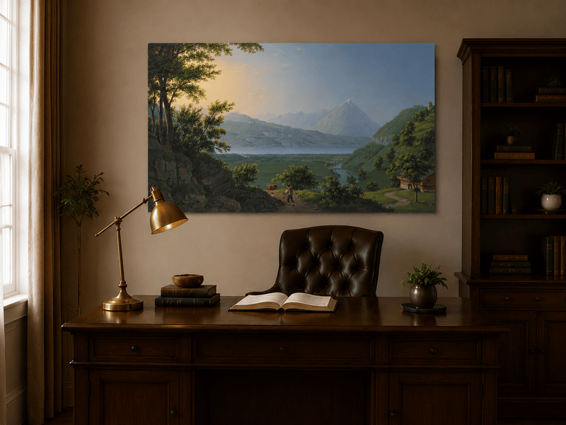 Landscape Oil Painting - Lake Valley and Mountain Village View