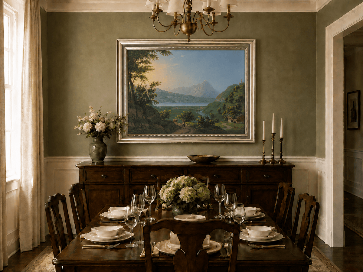 Landscape Oil Painting - Lake Valley and Mountain Village View