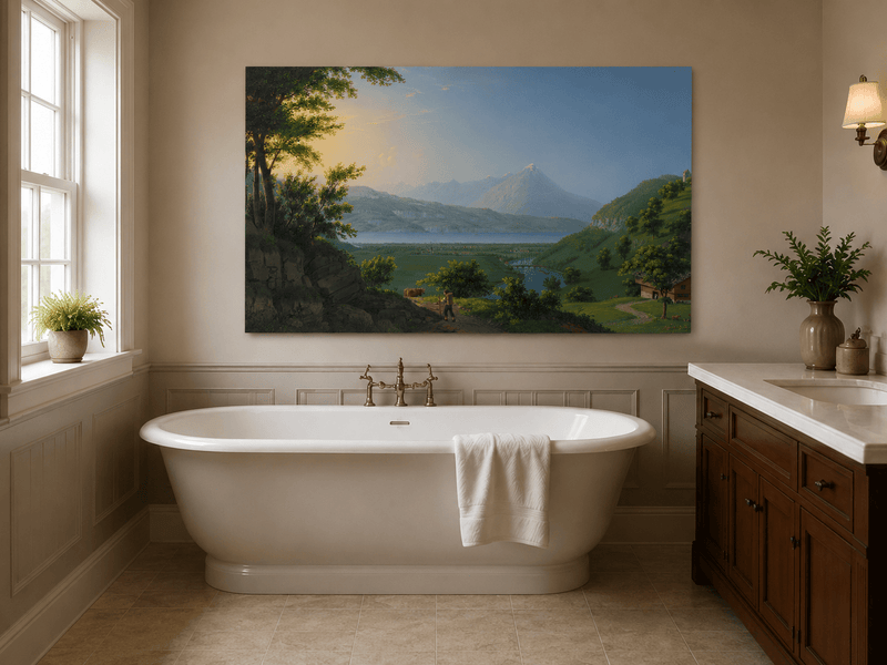 Landscape Oil Painting - Lake Valley and Mountain Village View