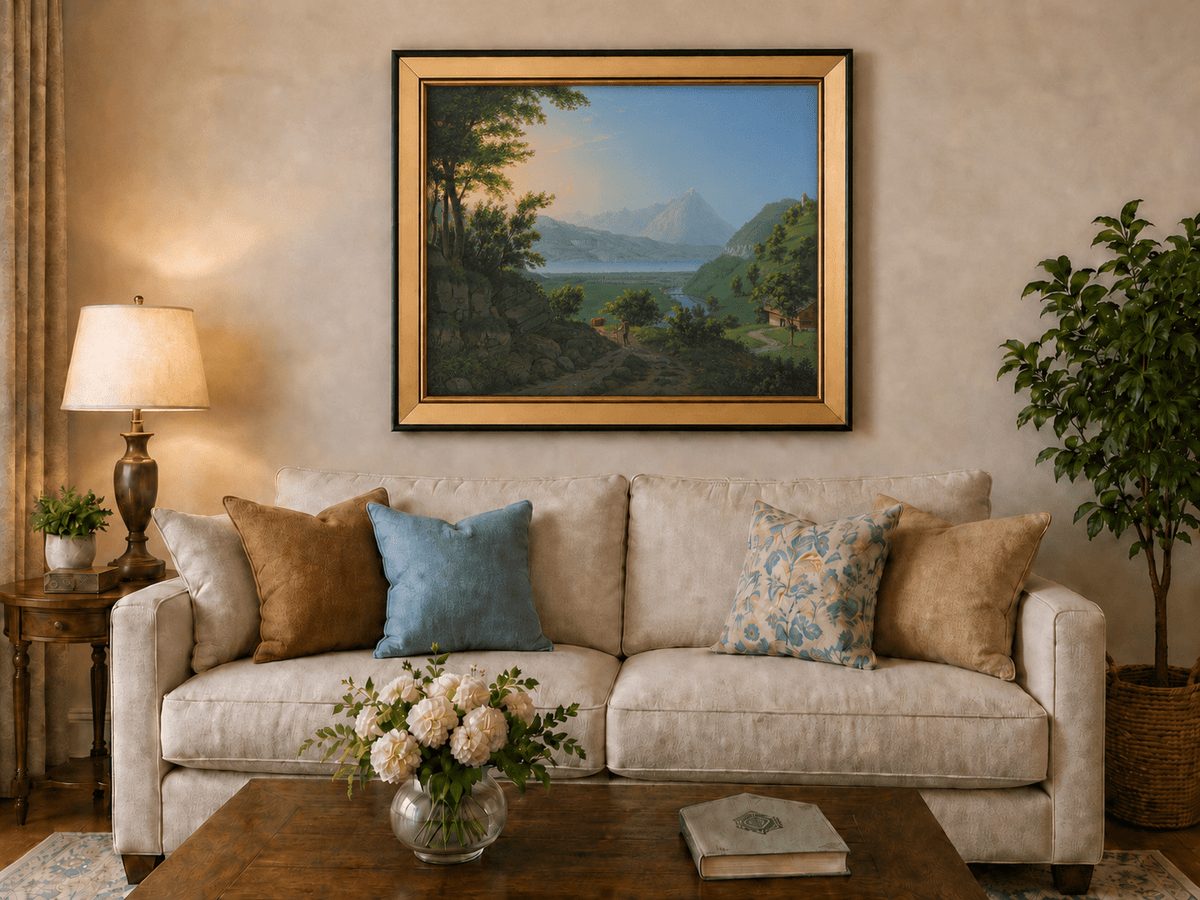 Landscape Oil Painting - Lake Valley and Mountain Village View
