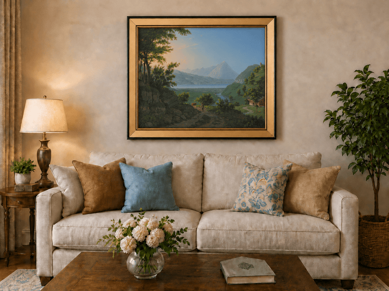 Landscape Oil Painting - Lake Valley and Mountain Village View
