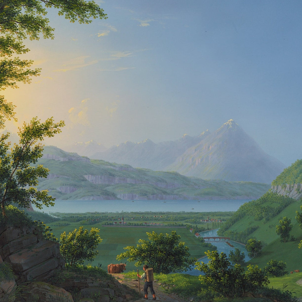 Landscape Oil Painting - Lake Valley and Mountain Village View - Oil Painting Haven