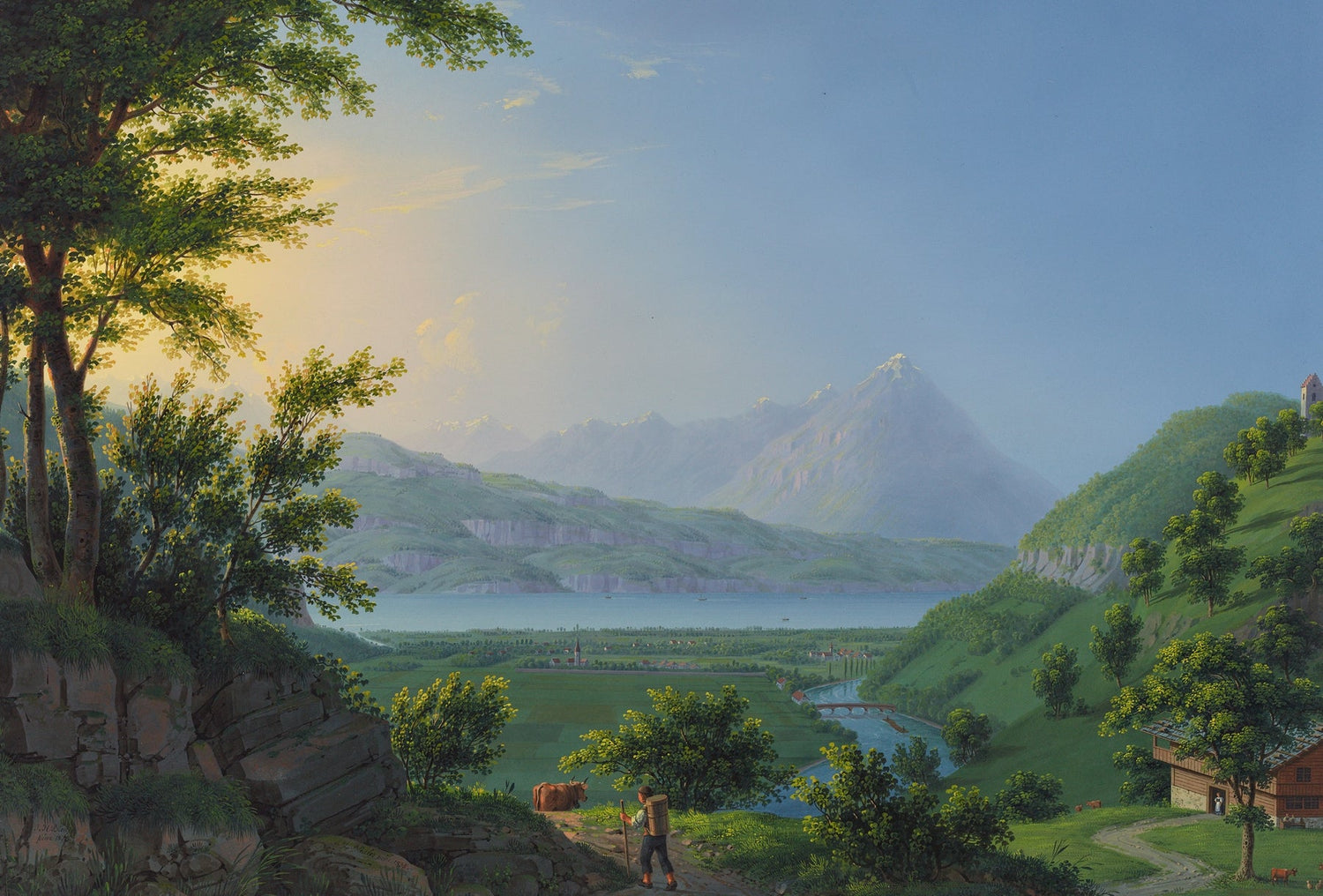 Hand-painted lake valley and mountain village view landscape oil painting on canvas