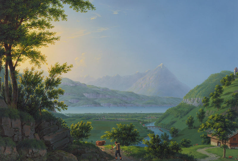 Landscape Oil Painting - Lake Valley and Mountain Village View - Oil Painting Haven