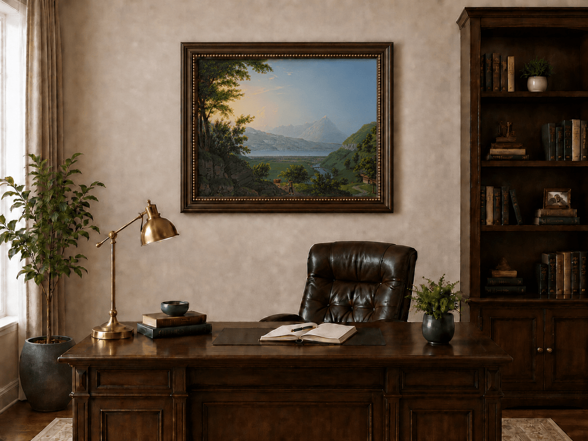 Landscape Oil Painting - Lake Valley and Mountain Village View