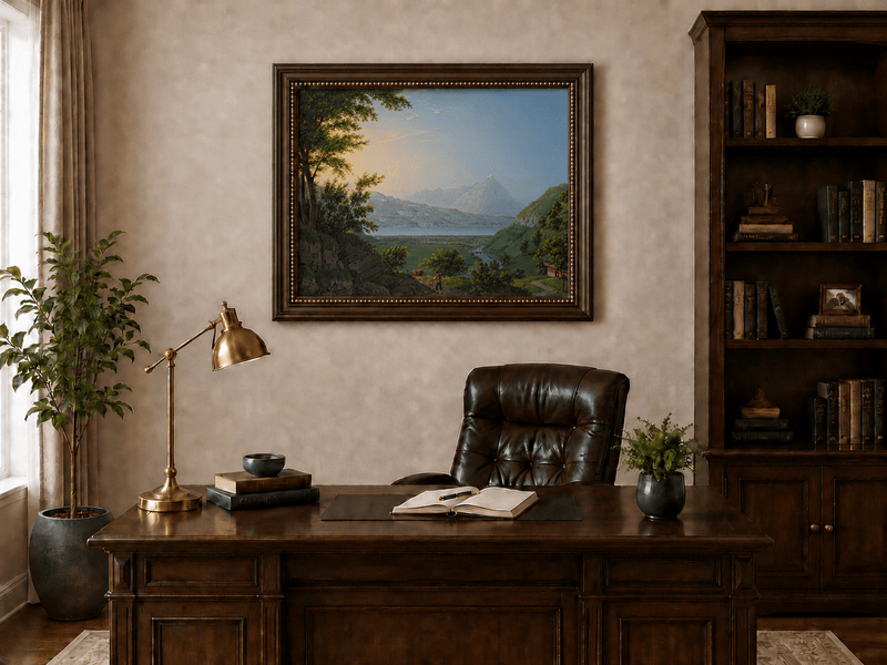 Landscape Oil Painting - Lake Valley and Mountain Village View