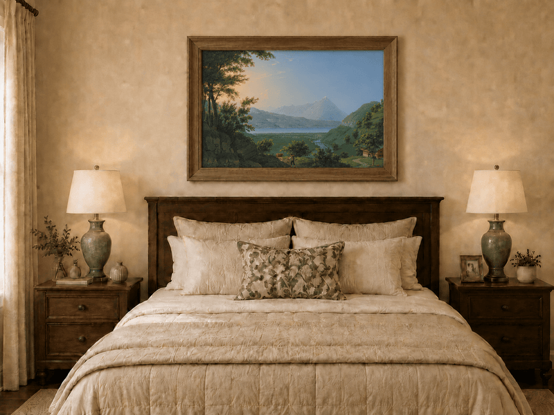Landscape Oil Painting - Lake Valley and Mountain Village View