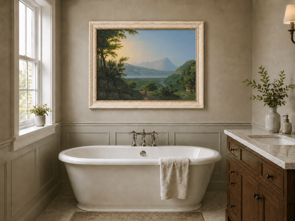 Landscape Oil Painting - Lake Valley and Mountain Village View
