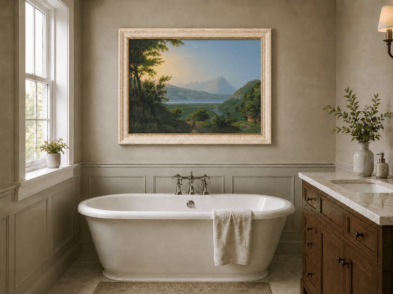Landscape Oil Painting - Lake Valley and Mountain Village View