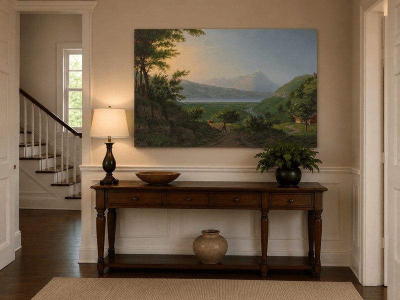 Landscape Oil Painting - Lake Valley and Mountain Village View