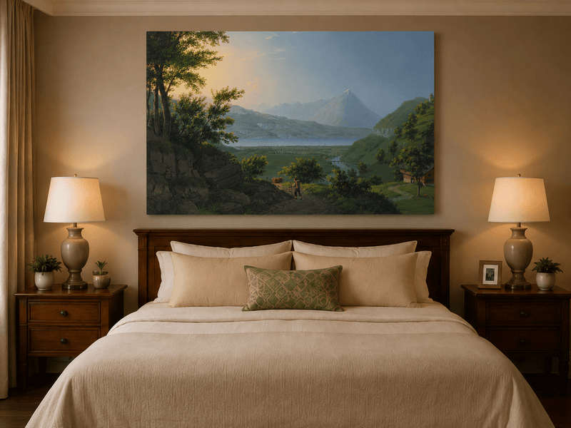 Landscape Oil Painting - Lake Valley and Mountain Village View