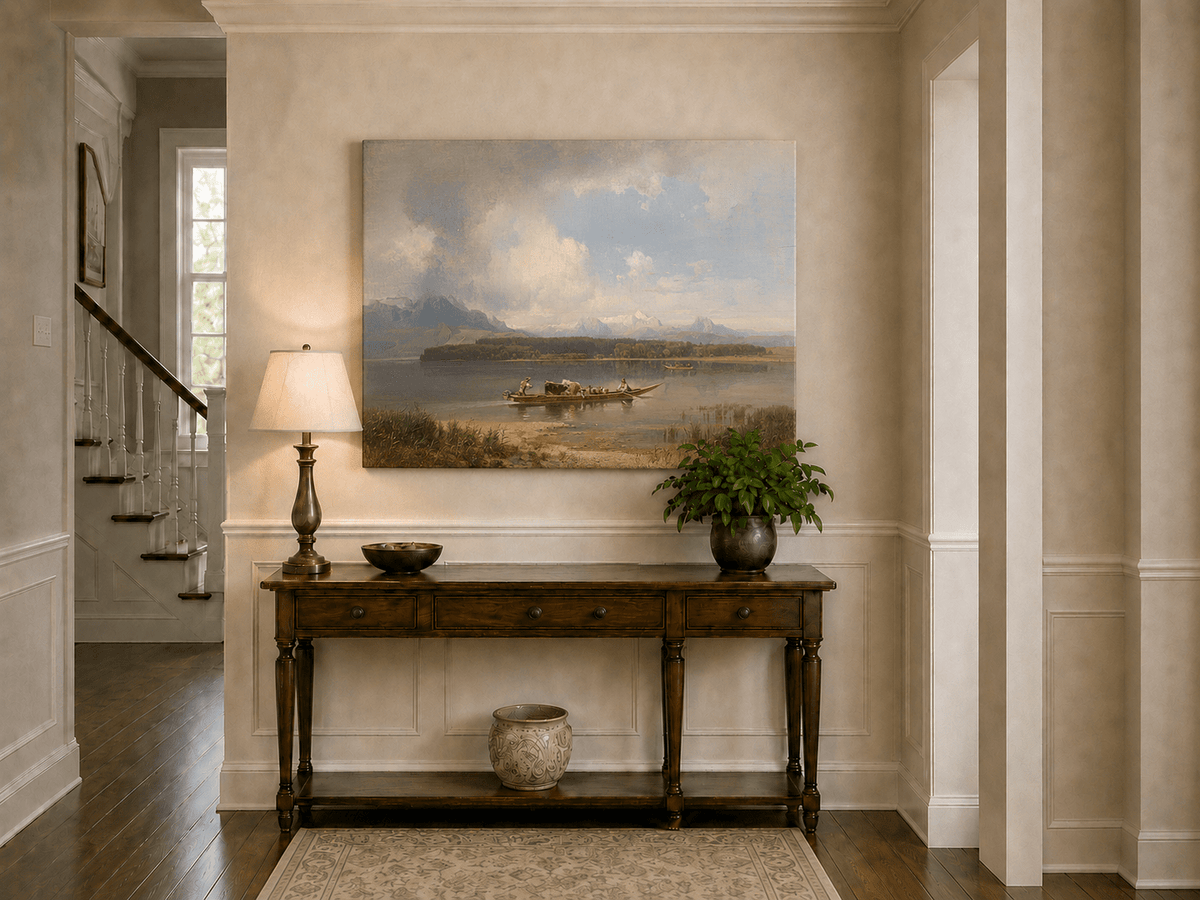 Landscape Oil Painting - Lake with Boat, Cattle & Figures