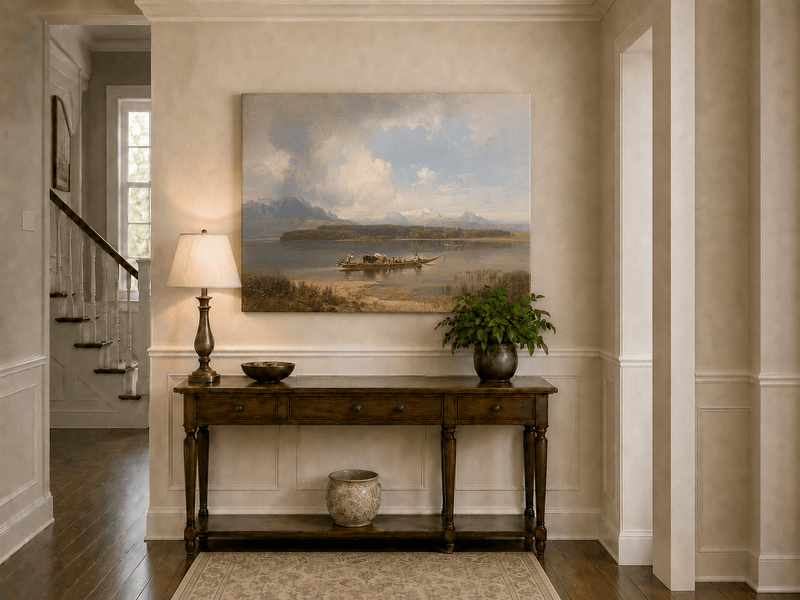 Landscape Oil Painting - Lake with Boat, Cattle & Figures