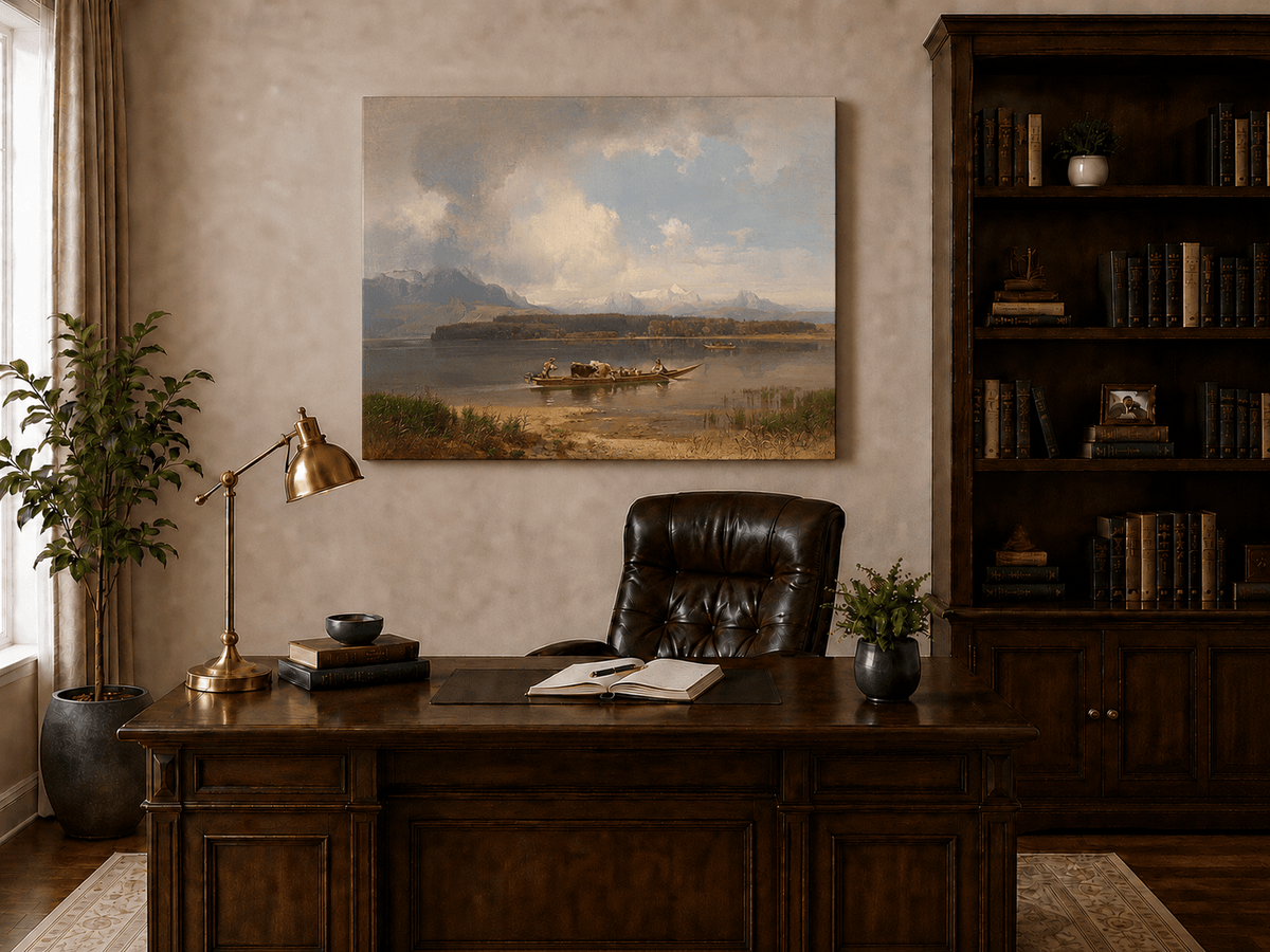 Landscape Oil Painting - Lake with Boat, Cattle & Figures