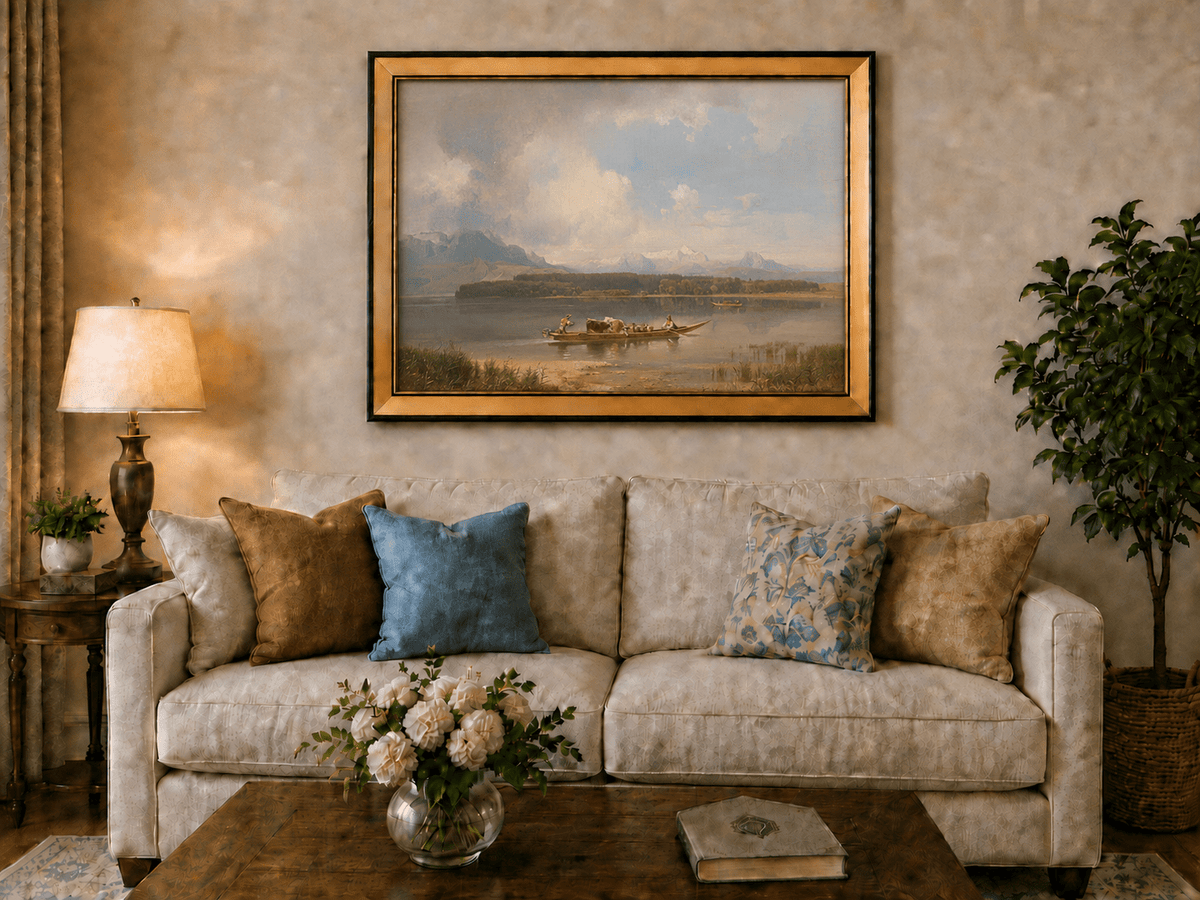 Landscape Oil Painting - Lake with Boat, Cattle & Figures