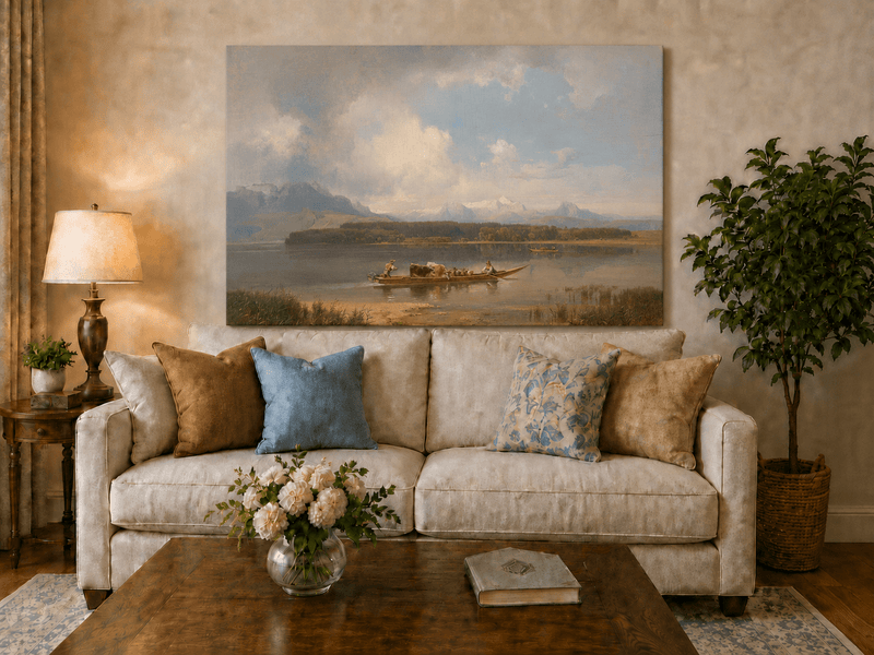 Landscape Oil Painting - Lake with Boat, Cattle & Figures
