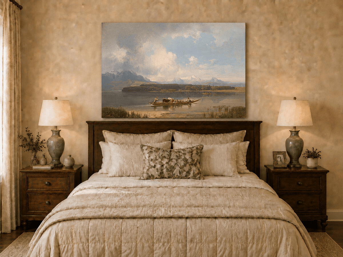 Landscape Oil Painting - Lake with Boat, Cattle & Figures