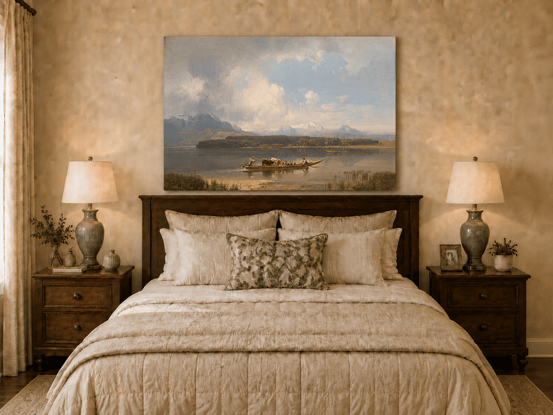 Landscape Oil Painting - Lake with Boat, Cattle & Figures