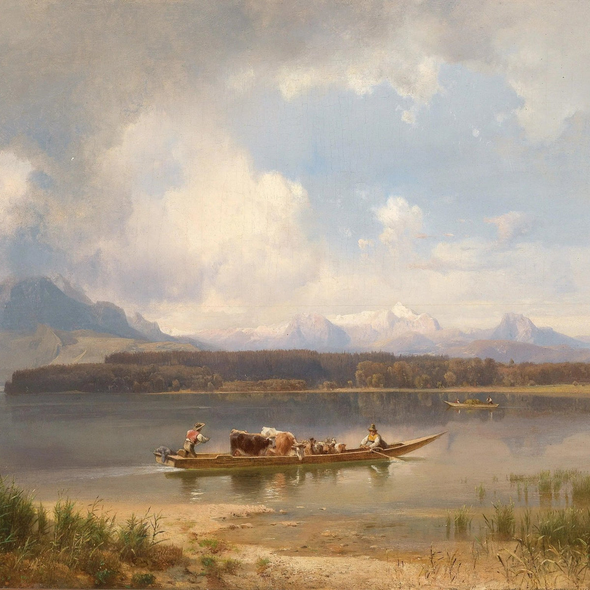 Landscape Oil Painting - Lake with Boat, Cattle & Figures - Oil Painting Haven