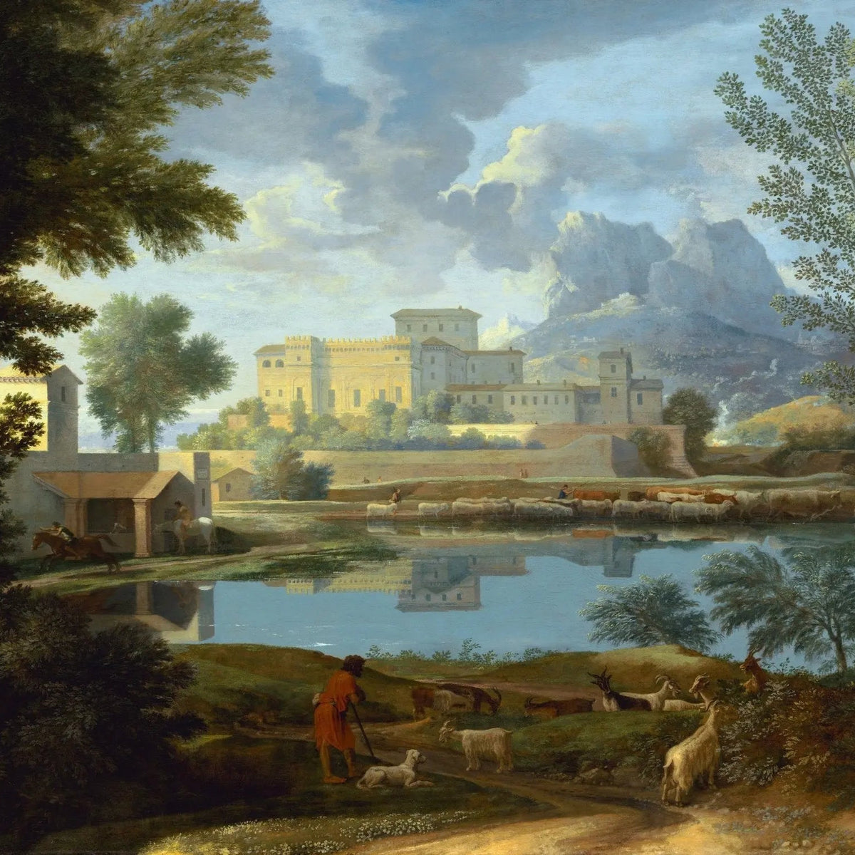 Landscape Oil Painting - Lake with Castle, Figures & Goats - Oil Painting Haven