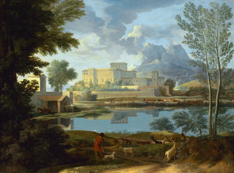 Landscape Oil Painting - Lake with Castle, Figures & Goats - Oil Painting Haven
