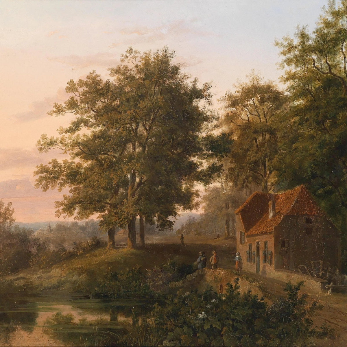 Landscape Oil Painting - Lake with Cottage, Figures & Trees - Oil Painting Haven