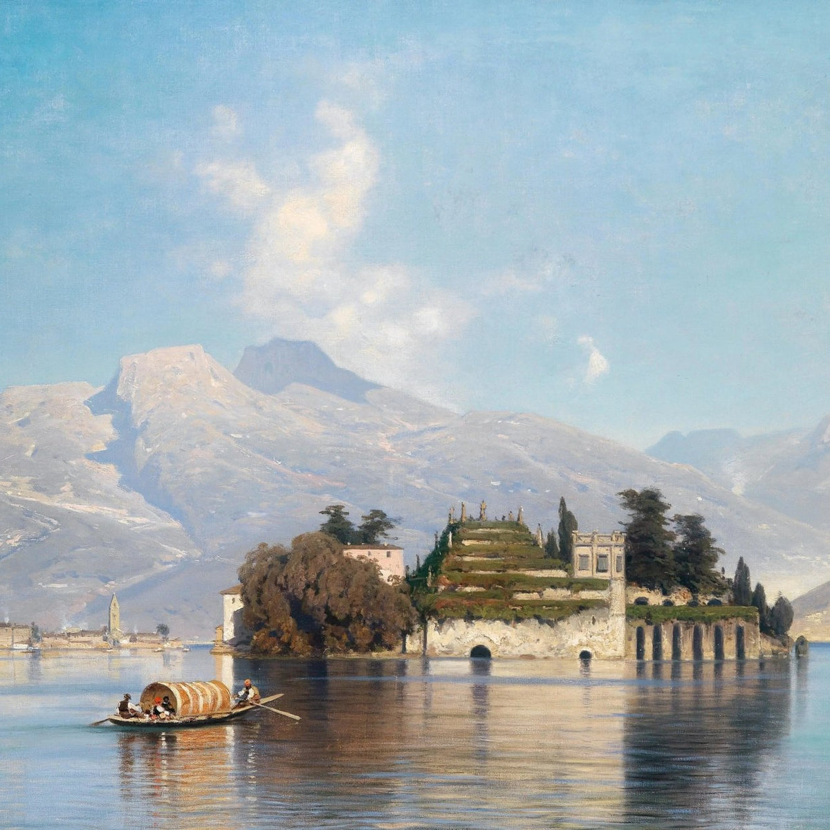 Landscape Oil Painting - Lake with Island, Boat & Mountains - Oil Painting Haven